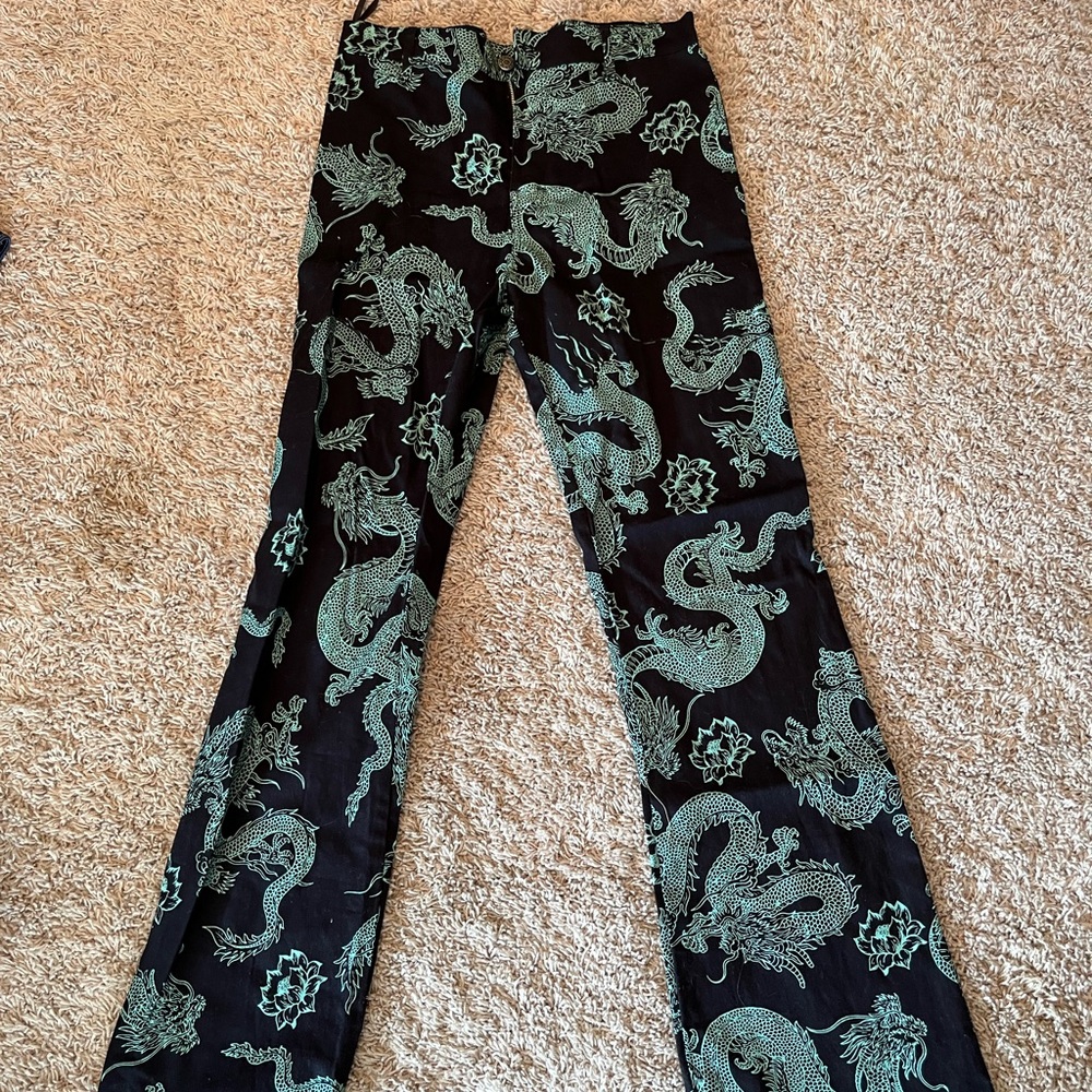 Black and green dragon design jeans